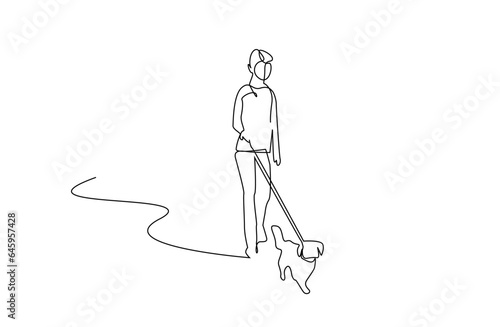 young girl walking her dog in the park line art design