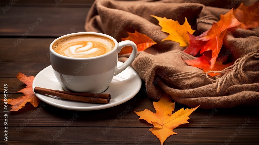 Autumn background with autumn leaves, a hot, steaming cup of coffee, and a warm scarf
