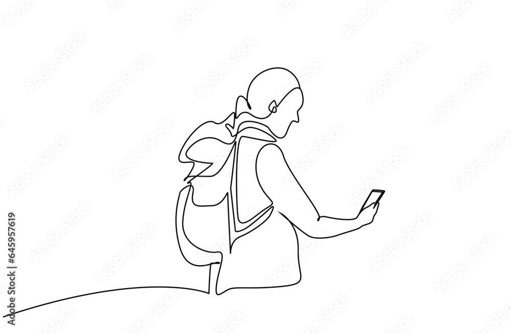 mature woman nature backpack looking at route with phone travel line art design mature woman nature backpack looking at route with phone travel line art design