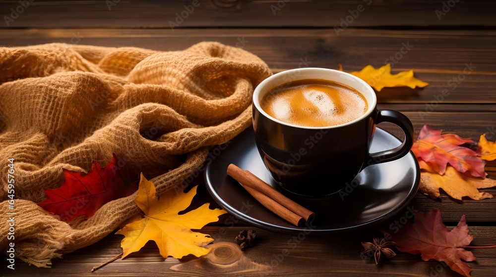 Autumn background with autumn leaves, a hot, steaming cup of coffee, and a warm scarf