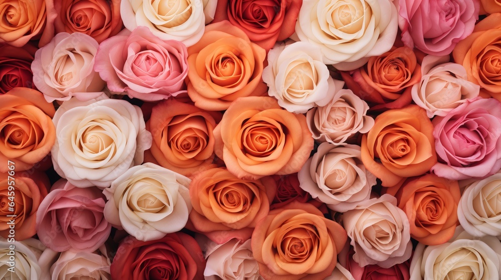 Pink, orange, and peach roses are in the background. Pink, orange, and peach roses are in the background.