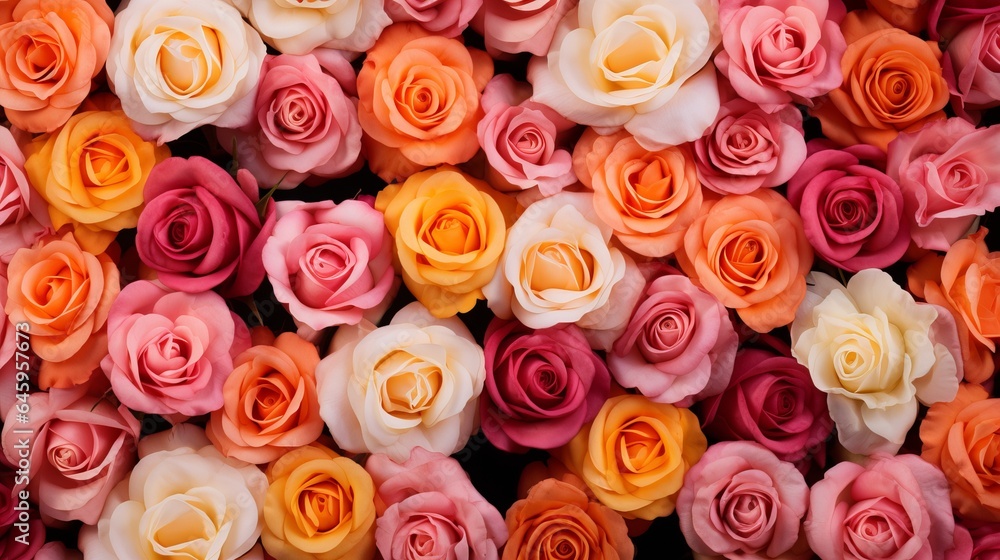 Pink, orange, and peach roses are in the background. Pink, orange, and peach roses are in the background.
