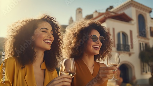 With a glass of wine in hand, happy young women stroll together. A group of fashionable women having fun in the sun.