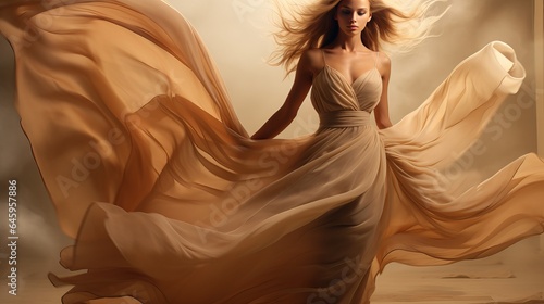 Fashion model wearing a lovely, high-end beige flowing chiffon dress, Beautiful fantasy model wearing an evening gown that flies long.