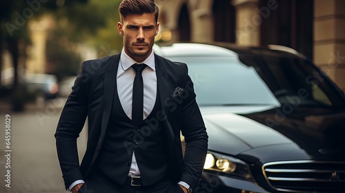 Tall, attractive man standing close to the vehicle. life of luxury. © Suleyman