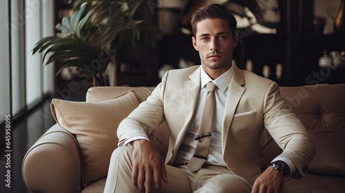 An attractive man in a beige suit is relaxing on a sofa at home.