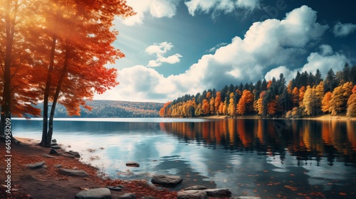 Lake view in the fall. Autumnal scene with stunningly colorful surroundings. Golden autumn foliage on a stunning lake. Autumnal forest scenery is colorful.