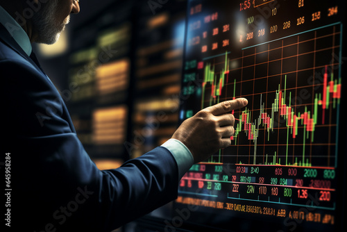 Businessman hand pointing to stock market graph. 