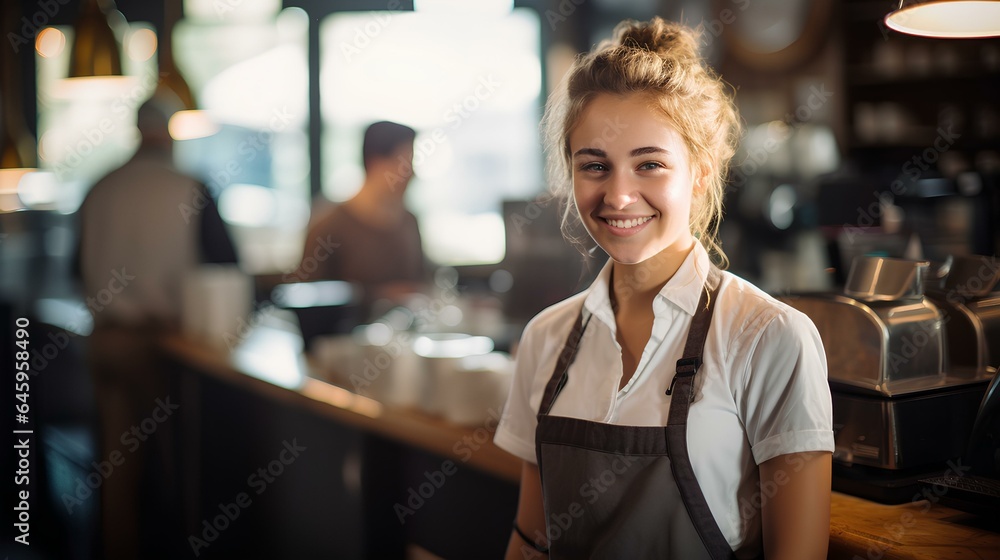 young woman barista standing behind the counter, preparing to serve coffee. generative AI - obrazy, fototapety, plakaty 