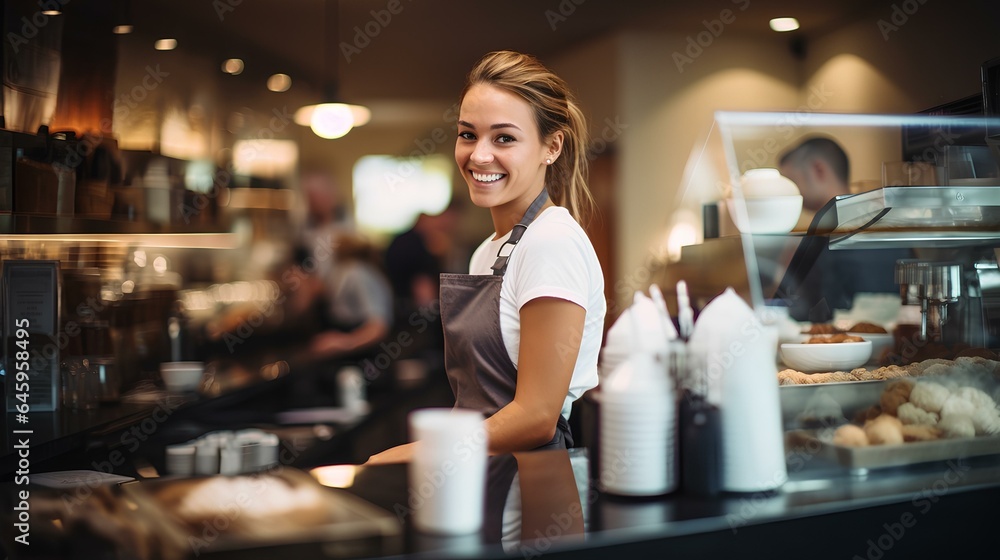young woman barista standing behind the counter, preparing to serve coffee. generative AI - obrazy, fototapety, plakaty 