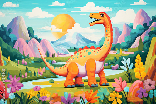 Kids illustration of cute dinosaur in prehistoric landscape. Colorful nursery art  beautiful artistic image for poster  wallpaper  art print.