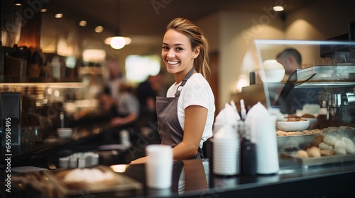 young woman barista standing behind the counter, preparing to serve coffee. generative AI photo
