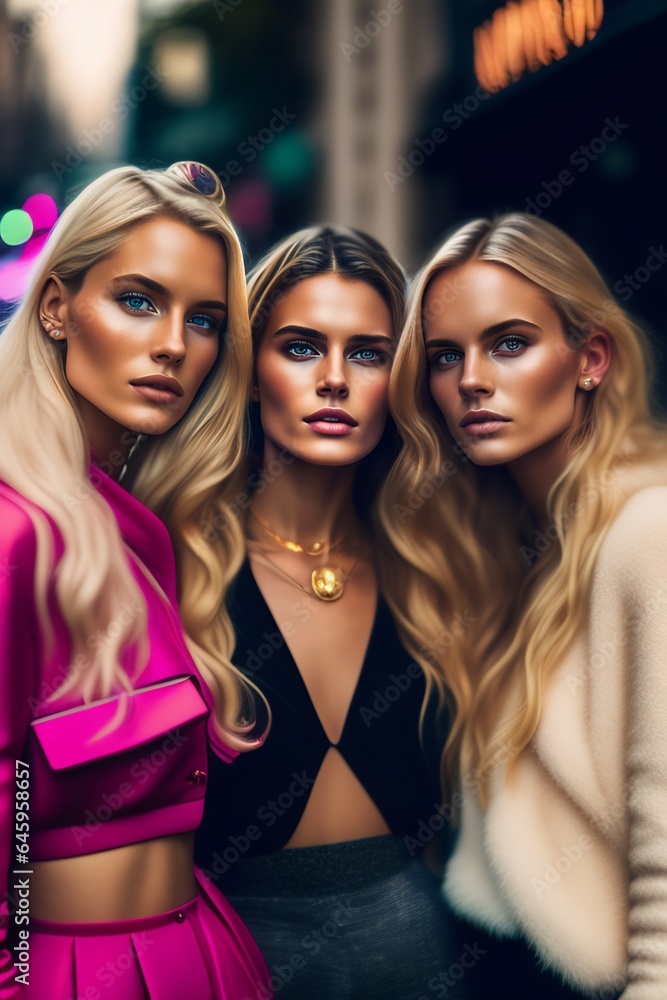 A group of four young women, not a portrait, intrincated details, street photo, high fashion, film, renoir, hobo style, vogue italia, future, casual, jewelry, long hair, blond hair, low light, night, 
