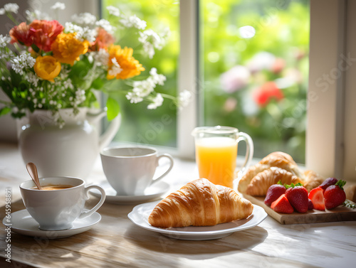 Fresh tasty croissants, and a cup of coffee and tea, sunny morning breakfast next to the kitchen window