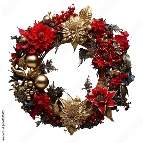 opulenter weihnachtlicher Kranz in rot und gold mit Blumen und goldenen Kugeln