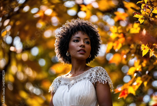 african woman in white dress in autumn forest. generative ai