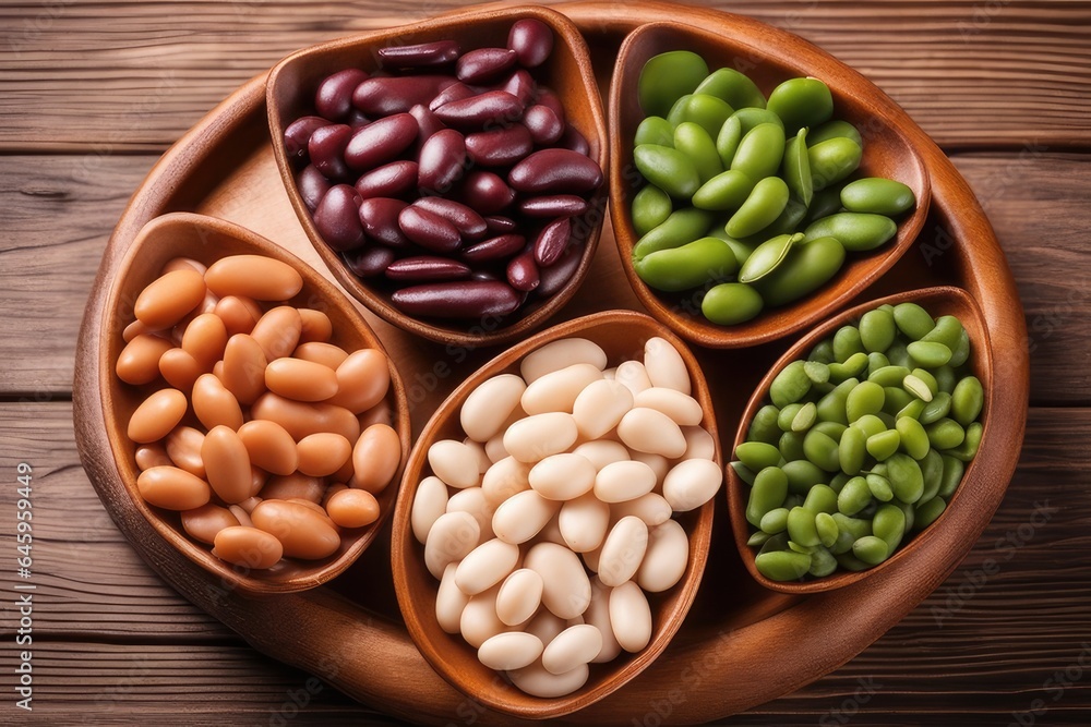 Assorted beans in wooden bowl on wooden background Assorted beans in wooden bowl on wooden background