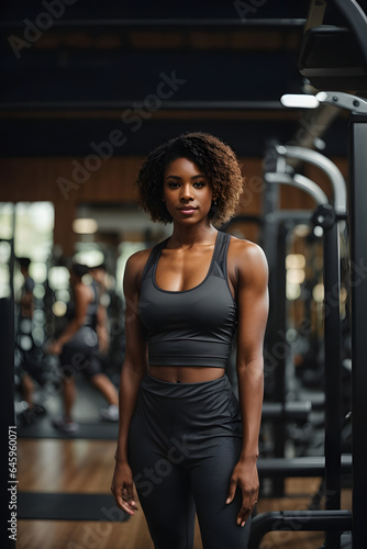 Wide shot of Attractive fit woman standing in fitness gym. Image created using artificial intelligence.