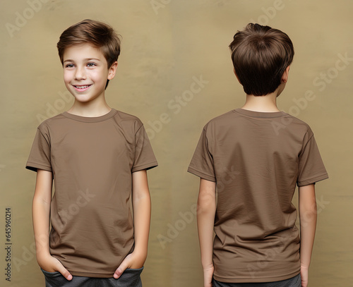 Front and back views of a little boy wearing a brown T-shirt