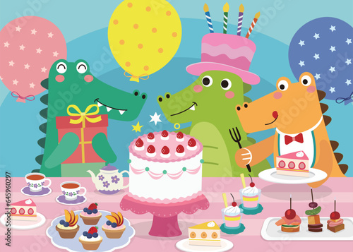 Cute happy birthday illustration with crocodile.