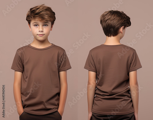 Front and back views of a little boy wearing a brown T-shirt