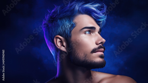 Stylish young man with unusual blue hair and beard on color background