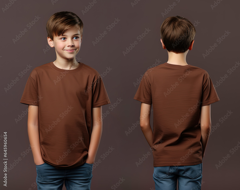 Front and back views of a little boy wearing a brown T-shirt Front and back views of a little boy wearing a brown T-shirt