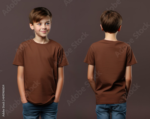 Front and back views of a little boy wearing a brown T-shirt