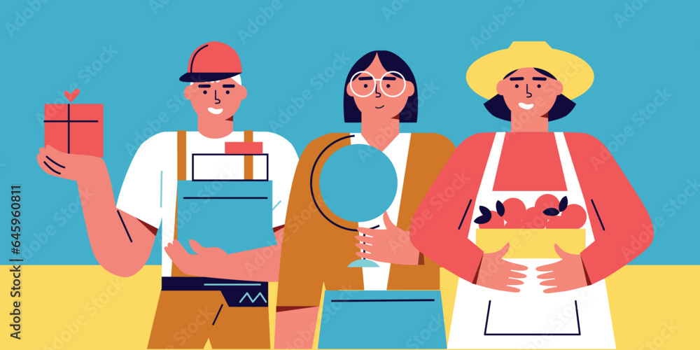 Labor day. Vector illustration in cartoon flat style. Various professions and specialists