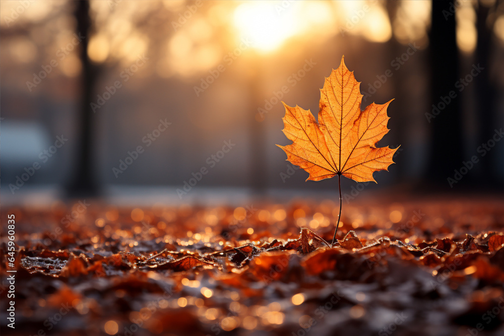 Autumn maple leaf on the ground in the park at sunset, ai generated image