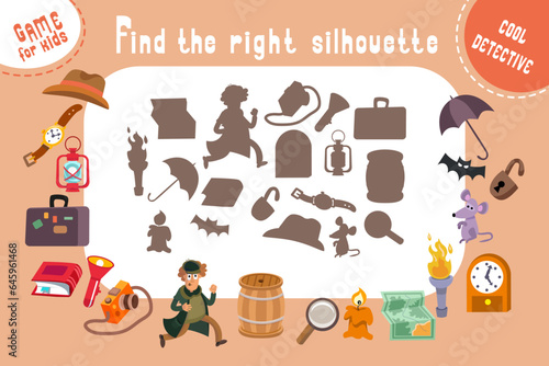 Find the right silhouette, shadow. Puzzle game for kids. Large set of objects for detective adventures. Cute cartoon characters and objects. Vector colour illustration. 