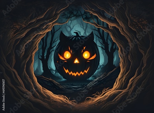 Spooky dark forest with twisted trees and glowing pumpkin eyes, Halloween background, Generative AI © Dreamy Pixel