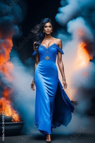 women blue dress with fire