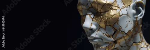 Kintsuki, Japanese ceramic head glued with gold. Concept of not constancy, imperfection of world. AI generated. photo