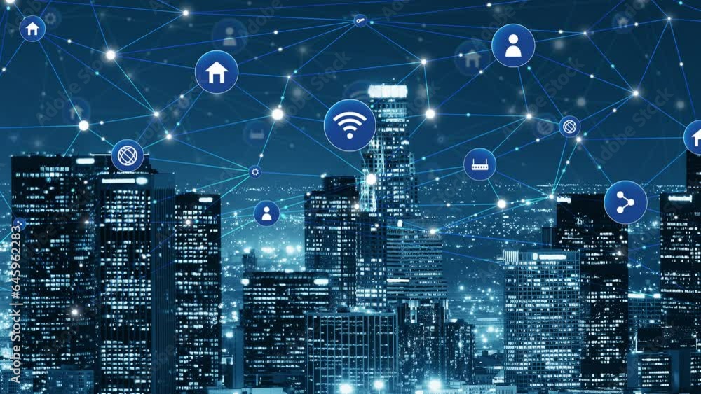 Smart city network connection with IT icons and communications dots. Smart city network connection with IT icons and communications dots.