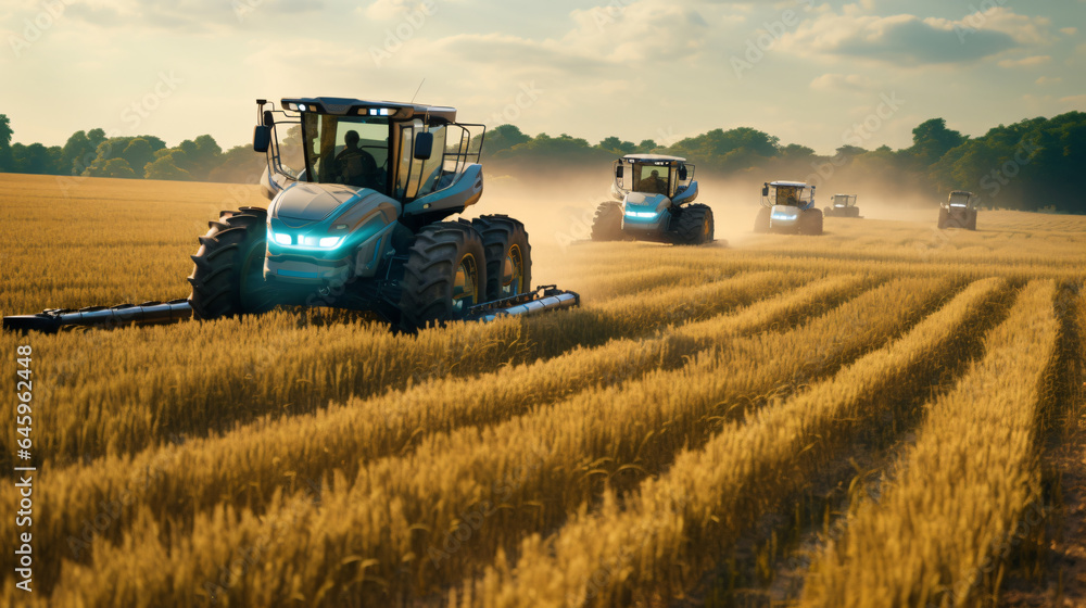 Fototapeta premium Autonomous Tractors and Harvesters at work in a field, demonstrating the role of AI in automating labor-intensive tasks