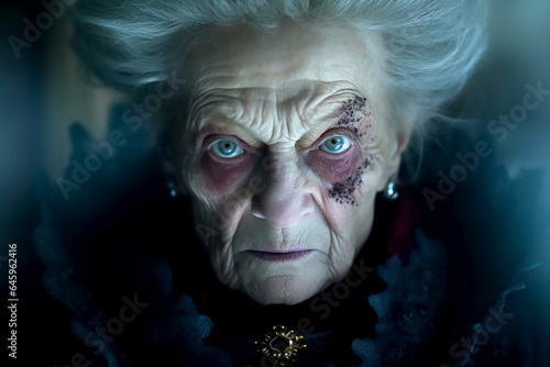 Old gray haired terrible woman in antique black dress. Generative AI