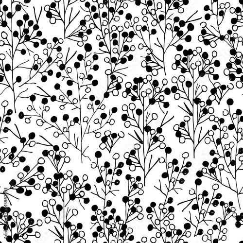 Christmas seamless pattern with branches and holly berries. Christmas floral pattern. Branches on a white background - winter concept, christmas - vector illustration