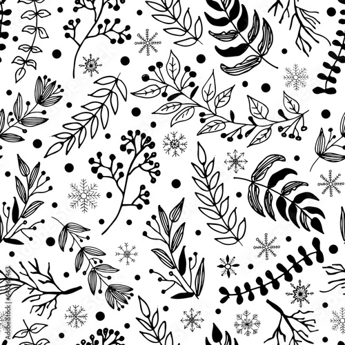 Seamless pattern with elements Christmas leaves , branches, berries for winter holidays. Lovely hand drawn background with winter elements Merry Christmas. Doodle vector illustration