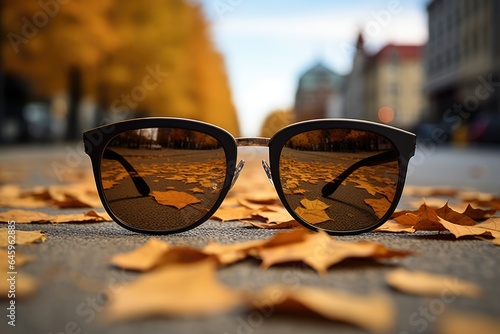 A pair of sunglasses sitting on top of a leaf covered ground. Imaginary illustration.