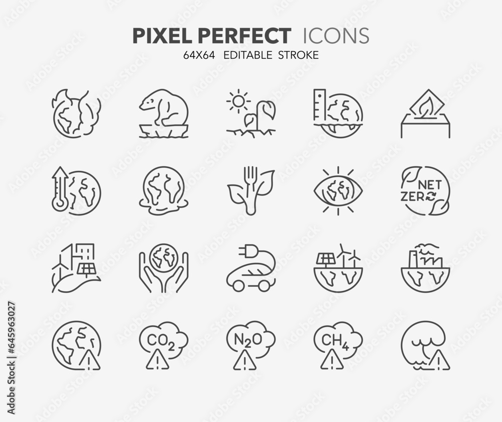Line icons about global boiling. Outline symbol collection. Editable vector stroke. 64x64 Pixel Perfect.