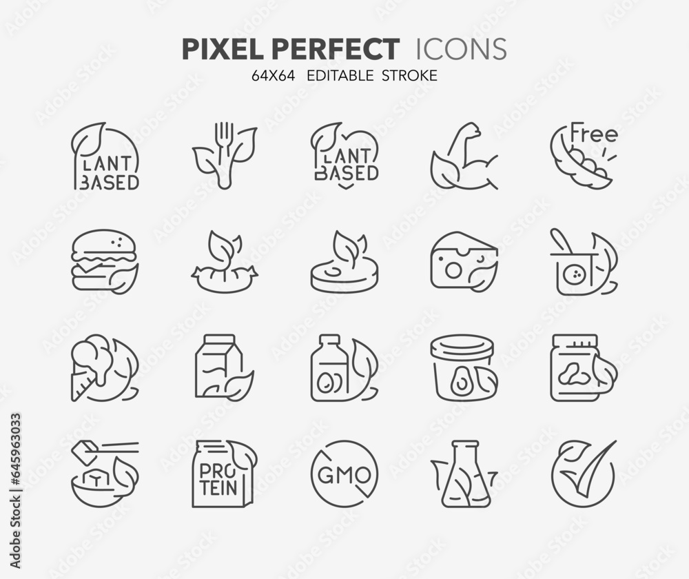 Line icons about plant based diet. Outline symbol collection. Editable vector stroke. 64x64 Pixel Perfect.