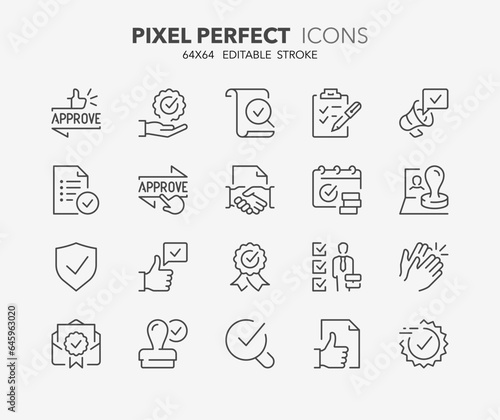 Line icons about approval and certified. Outline symbol collection. Editable vector stroke. 64x64 Pixel Perfect.