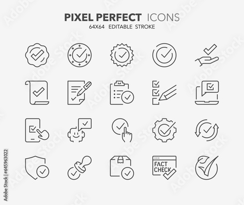 Line icons about checkmark and quality product. Outline symbol collection. Editable vector stroke. 64x64 Pixel Perfect. photo