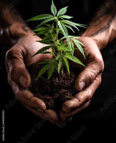 A person holding a small marijuana plant in their hands. Imaginary illustration.