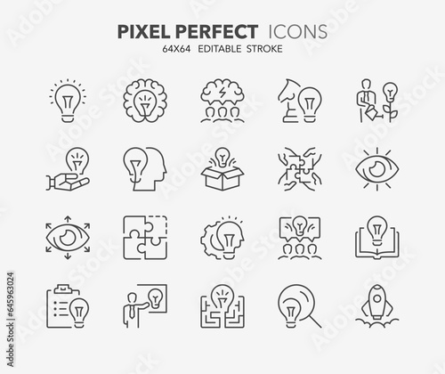 Line icons about creative ides and solutions. Outline symbol collection. Editable vector stroke. 64x64 Pixel Perfect.