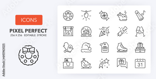 Set of thin line icons about Christmas, party and celebrations 2 of 2. Outline symbol collection. Editable vector stroke. 256x256 Pixel Perfect scalable to 128px, 64px...