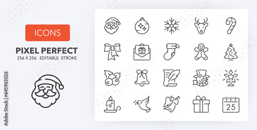 Set of thin line icons about Christmas, party and celebrations 1 of 2. Outline symbol collection. Editable vector stroke. 256x256 Pixel Perfect scalable to 128px, 64px...