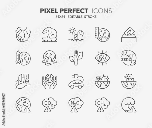 Line icons about global boiling. Outline symbol collection. Editable vector stroke. 64x64 Pixel Perfect.