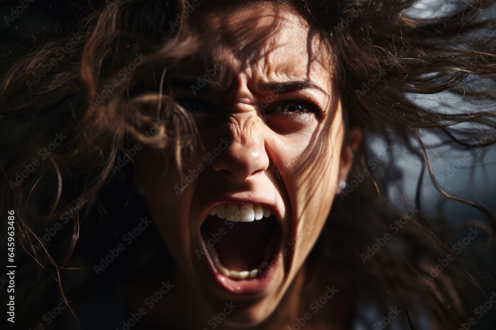 Close-up of a woman's face Amidst the sound of real screams Conveying raw emotions, mental health Close-up of a woman's face Amidst the sound of real screams Conveying raw emotions, mental health